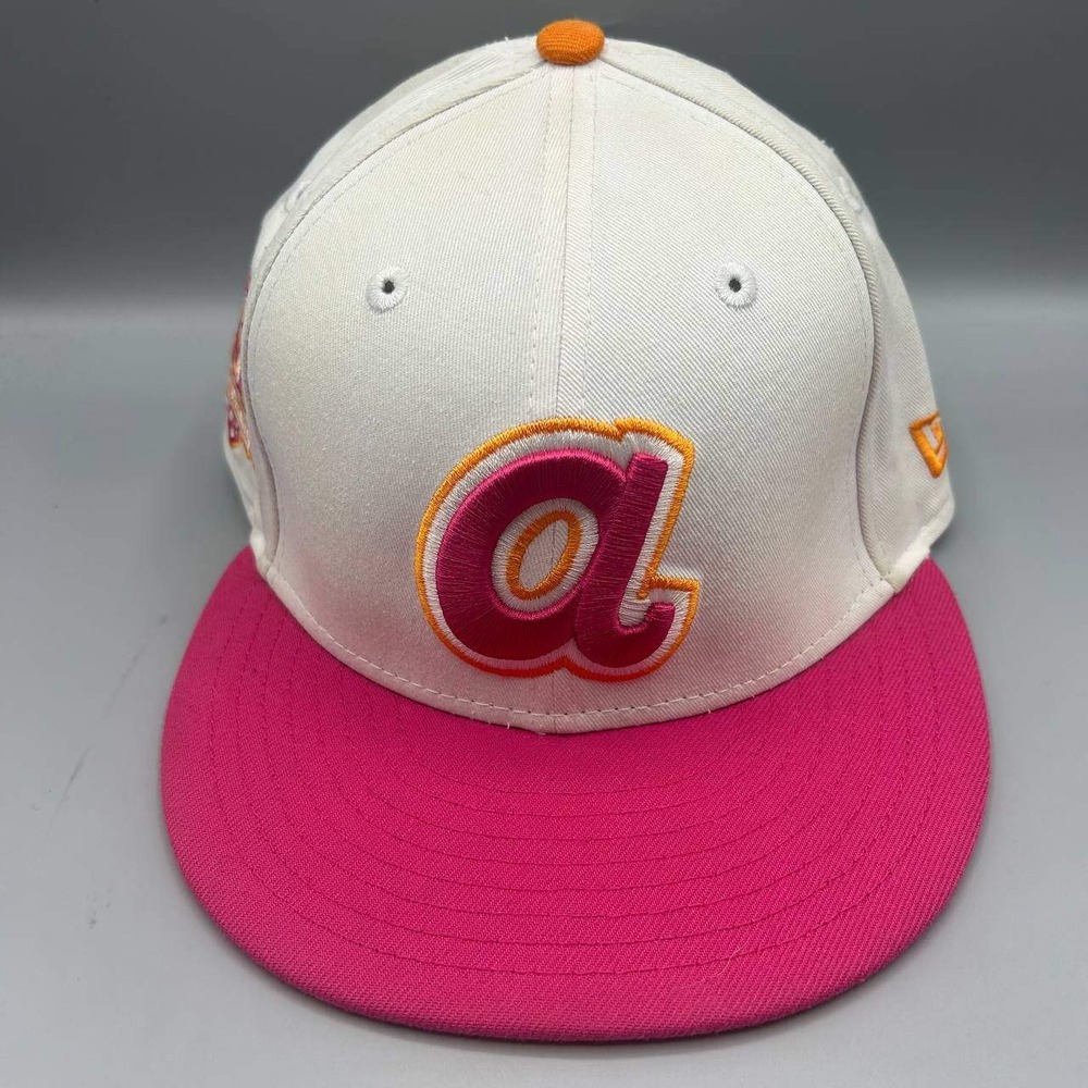Atlanta Braves MLB Hat Men 7 1/4 White Pink 59Fifty New Era Fitted Cap